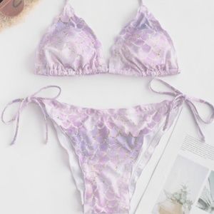 Mermaid Lettuce Trim Halter String Bikini Swimsuit